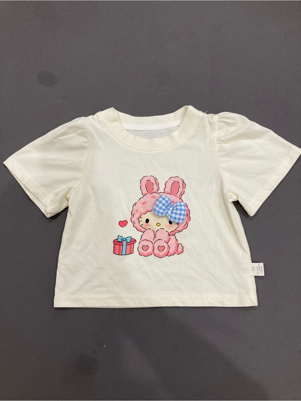 Kids Cream Tee with Pink Bunny Graphic and Blue Bow